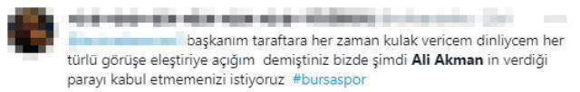 Bursaspor taraftarının Ali Akman öfkesi dinmiyor! Kulübe paylaşım sildirdiler