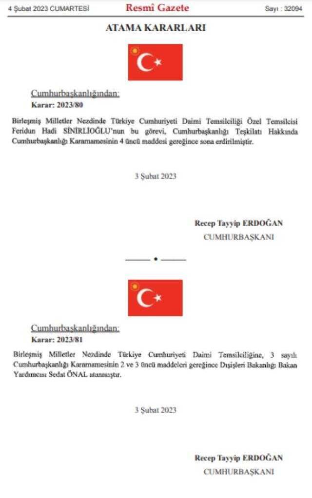 Cumhurbaşkanı Erdoğan'ın imzasıyla Türkiye'nin BM Daimi Temsilcisi Feridun Sinirlioğlu görevden alındı