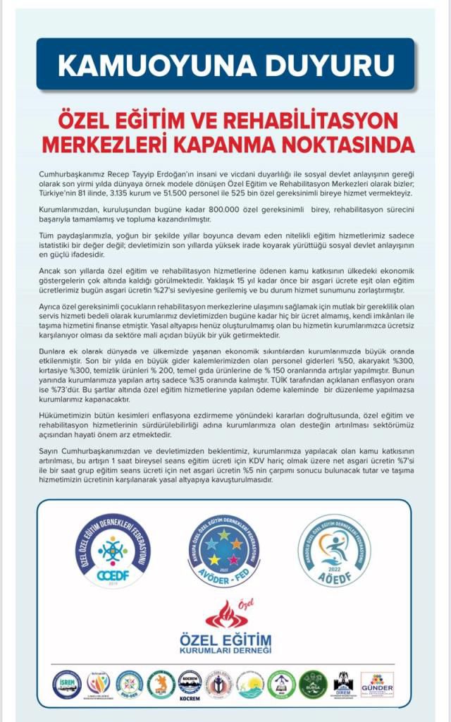 Kapanma noktasına gelen özel eğitim ve rehabilitasyon merkezleri seslerinin duyulmasını istiyor