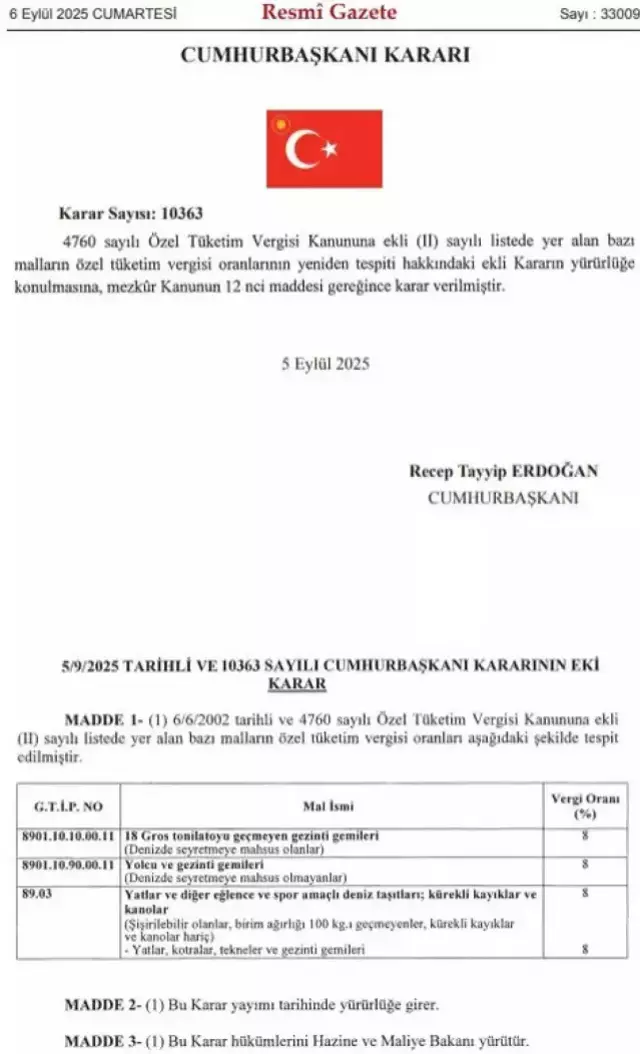 Yatlar, kotralar, tekneler ve gezinti gemileri için ÖTV oranı yüzde 8 oldu
