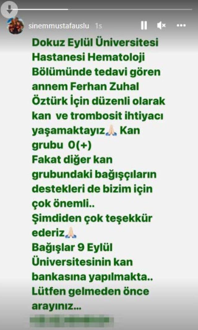 Oyuncu Sinem Uslu, kemoterapi tedavisi gören annesi kan bağışı çağrısında bulundu