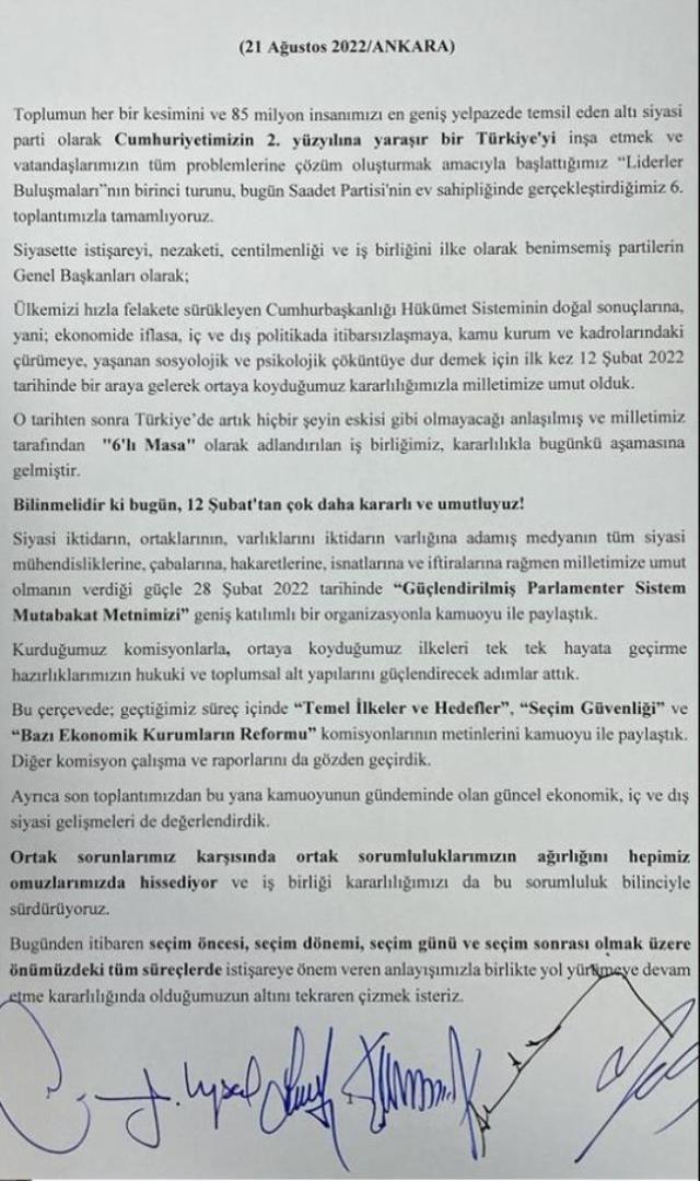 İlk turun son toplantısında bir araya gelen 6'lı masa toplantısı sonrası ortak açıklama