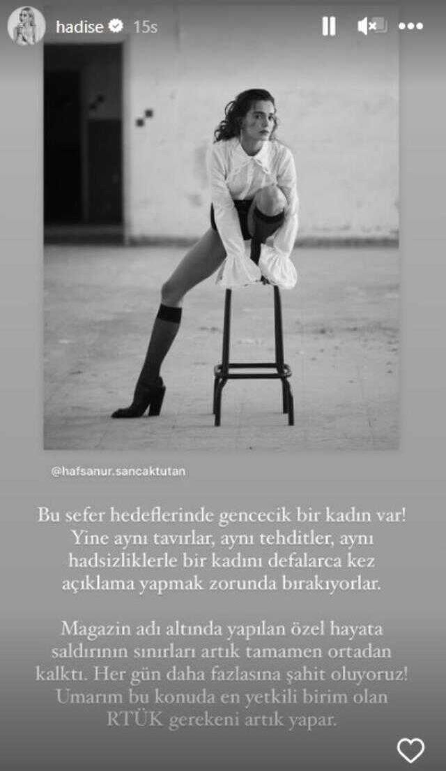 Hadise'den, bileklerini keserek intihara kalkıştığı söylenen Hafsanur Sancaktutan'a destek! RTÜK'e çağrı yaptı