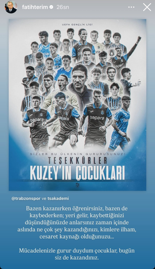 Fatih Terim'den Trabzonspor U19 takımına duygusal paylaşım