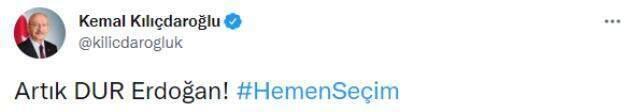 Merkez'in faiz kararına 'Artık dur Erdoğan' sözleriyle tepki gösteren Kılıçdaroğlu, erken seçim çağrısını yineledi