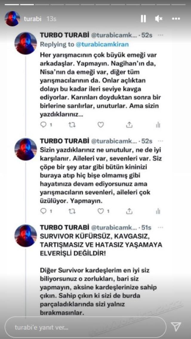 Nagihan ve Nisa tartışmasına sessiz kalamayan Eski Survivor şampiyonu Turabi, ikilinin hayranları uyardı
