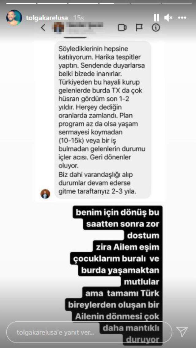 Amerika'da hayat pahalılığından şikayet eden Tolga Karel, Türkiye'ye dönmeyeceğini açıkladı