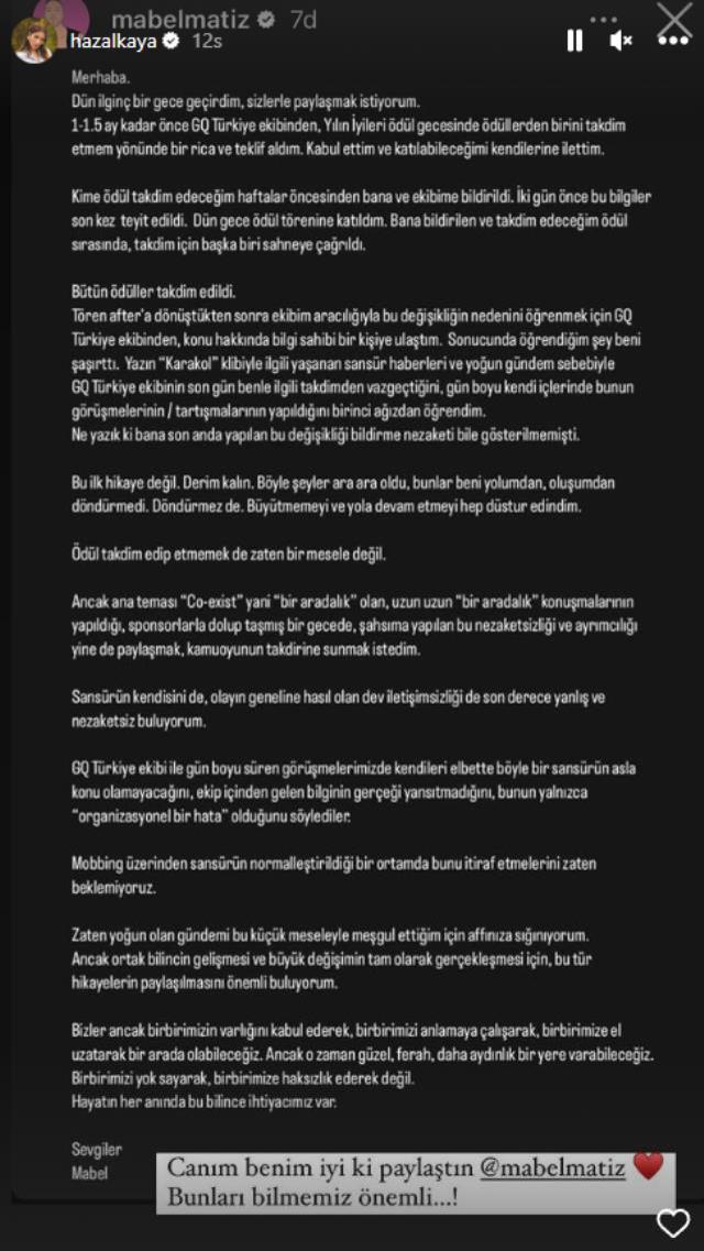 Ödül töreninde sahneye çıkarılmayan Mabel Matiz'e Cem Yılmaz ve Hazal Kaya'dan destek