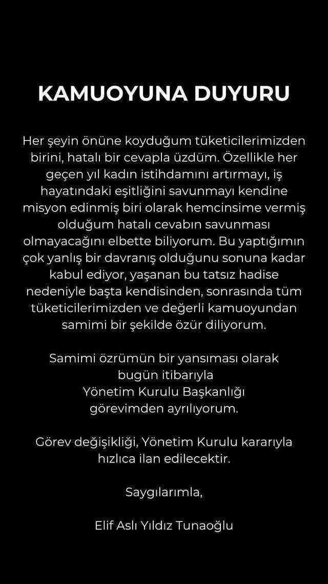 Patiswiss CEO'su Elif Aslı Yıldız Tunaoğlu özür dileyerek görevinden istifa etti