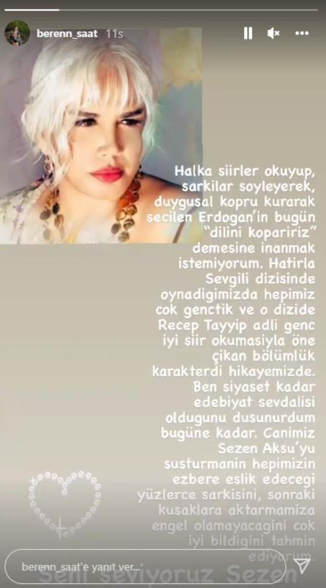 Beren Saat'ten Sezen Aksu paylaşımı! Cumhurbaşkanı'na Hatırla Sevgili'den bir sahneyi hatırlattı