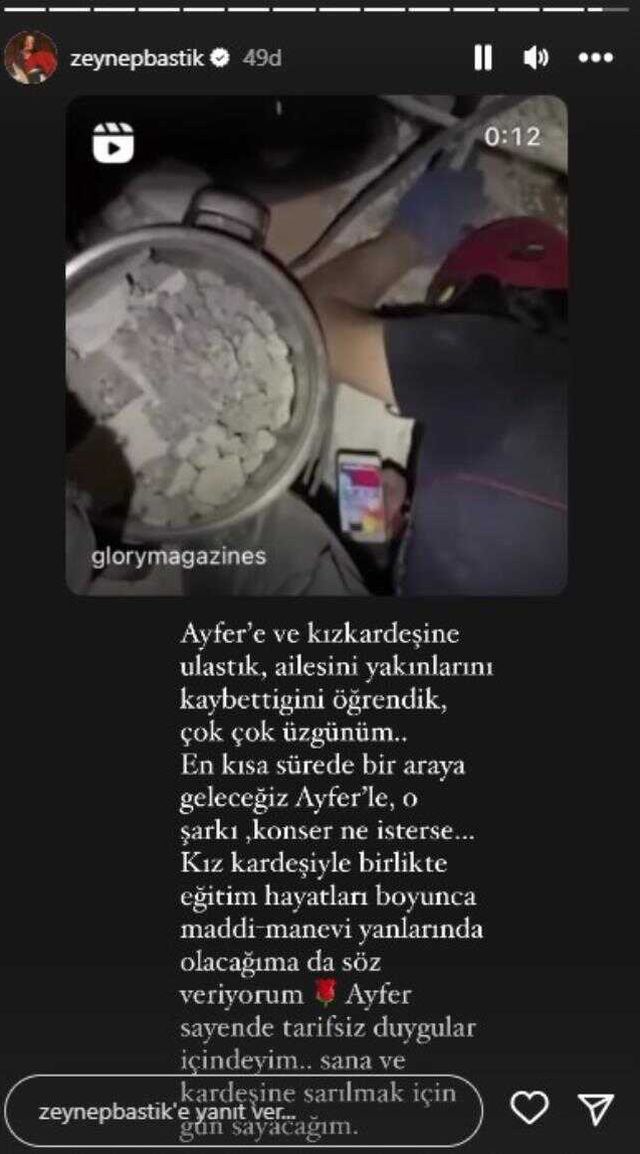 Zeynep Bastık'tan enkaz altında şarkısını dinlemek isteyen genç kıza anlamlı yardım: Eğitim hayatında maddi olarak yanındayım
