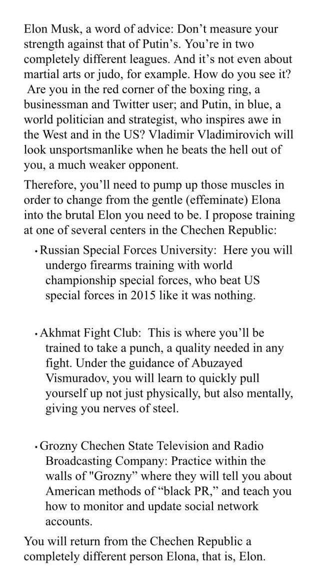 Kadirov'dan Putin'e meydan okuyan Elon Musk'a yanıt