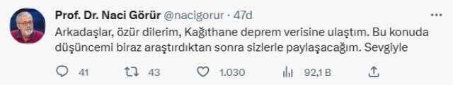 Prof. Naci Görür'ün 'Kağıthane'de deprem yaşanmadı' paylaşımı kafaları karıştırdı