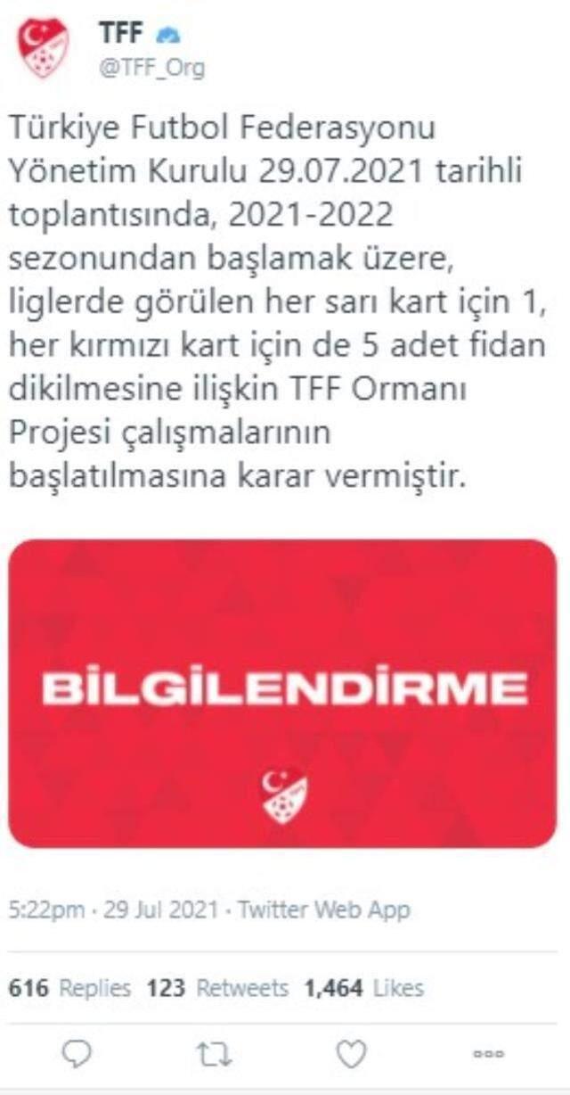 TFF'nin başlattığı orman projesinde her sarı kart için 1, kırmızı kart için de 5 adet fidan dikilecek