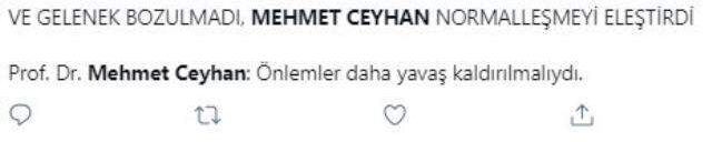Yeni normalleşme adımlarına itiraz eden Mehmet Ceyhan'a tepki yağıyor
