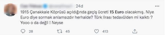 Çanakkale Köprüsü'nün geçiş ücretinin 15 euro olarak açıklanması sosyal medyayı karıştırdı