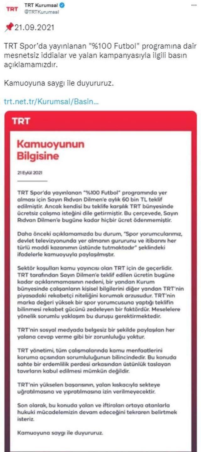 TRT'den Rıdvan Dilmen'in maaşına ilişkin yeni açıklama: Bugüne kadar hiçbir ücret ödenmemiştir