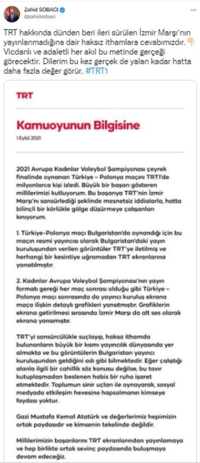 Kadın Voleybol Takımı'nın maçında İzmir Marşı'nın sansürlendiği iddiasına TRT'den cevap geldi