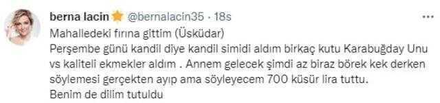 Sokak fırınında çeşitli ekmek ve kandil simidine 700 TL ödeyen Berna Laçin isyan etti