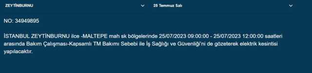 Zeytinburnu elektrik ne zaman gelecek? 25 Temmuz Zeytinburnu elektrik kesintisi ne zaman bitecek?