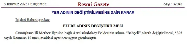MHP'li ismin başkanlık ettiği beldenin ismi 'Bahçeli' olarak değiştirildi