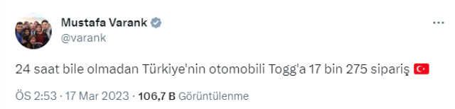 Togg'a 24 saat dolmadan 17 bin 275 sipariş geldi