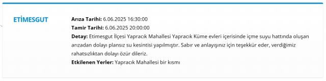 Ankara ETİMESGUT su kesintisi! 6-7 Haziran ASKİ Etimesgut su kesintisi ne zaman bitecek, sular ne zaman gelecek?