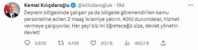 Kılıçdaroğlu'ndan hükümete çağrı: Deprem bölgesinde görevli kamu personeline 2 maaş ikramiye yatırın