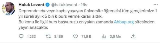 Haluk Levent duyurdu: Depremde ebeveynini kaybeden üniversitelilere aylık 5 bin TL burs vereceğiz
