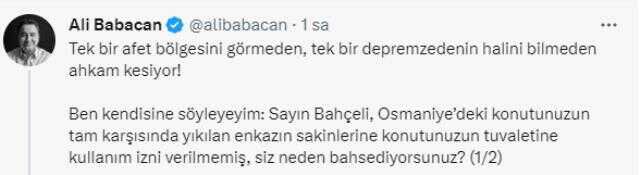 Ali Babacan'dan Bahçeli'ye tepki: Tek bir afet bölgesini görmeden, tek bir depremzedenin halini bilmeden ahkam kesiyor