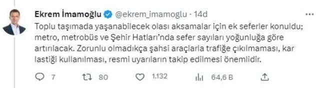 Kar ve fırtına beklenen İstanbul'da bir uyarı da İmamoğlu'ndan geldi