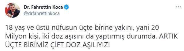 Bakan Koca'ya gece yarısı paylaşım yaptıran gelişme! Artık üçte birimiz çift doz aşılı