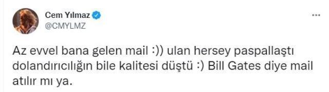 Cem Yılmaz, Bill Gates imzasıyla kendisine yollanan e-maili paylaştı: Dolandırıcılığın bile kalitesi düştü