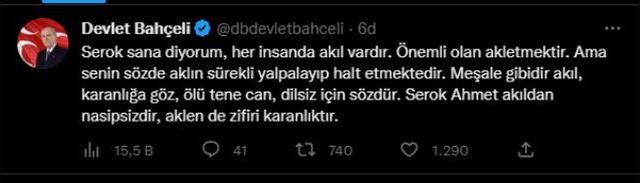 Devlet Bahçeli'den Ahmet Davuoğlu'nun sözlerine sert yanıt: Serok Ahmet akıldan nasipsizdir, aklen de zifiri karanlıktır