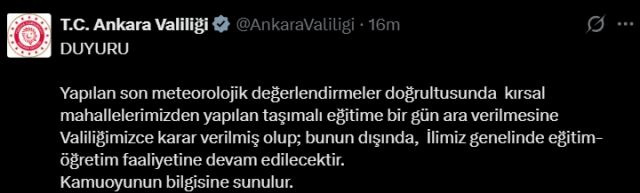 Ankara okullar tatil mi, 12 Ocak Pazartesi Ankara'da yarın okul yok mu (ANKARA VALİLİĞİ - KAR TATİLİ)?