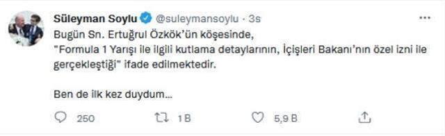 Bakan Soylu, F1'deki şampanya izni iddialarını yalanladı: Ben de ilk kez duydum