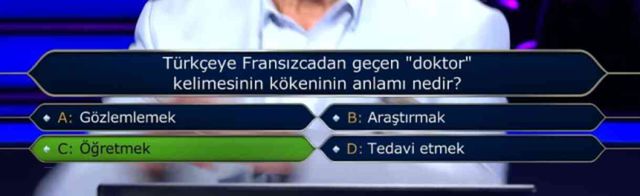 Türkçeye Fransızcadan geçen 'doktor' kelimesinin kökeninin anlamı nedir? Kim Milyoner Olmak İster yeni bölüm soru ve cevapları!