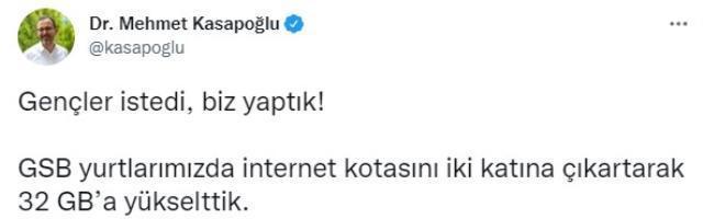 Bahar döneminde yurtlardaki ücretsiz internet kotasının iki kat artırılarak 32 GB'ye çıkarılacak