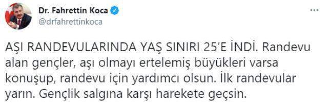 Son Dakika! Koronavirüs aşı uygulamasında yaş sınırı 25'e indi