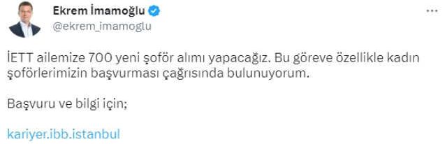 İmamoğlu, 700 şoför alımı yapacaklarını duyurdu: Özellikle kadınlarımızın başvurması çağrısında bulunuyorum