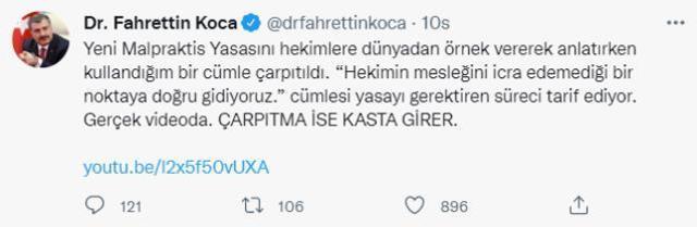 Bakan Koca: Kullandığım 'Hekimin mesleğini icra edemediği bir noktaya doğru gidiyoruz' cümlesi çarpıtıldı