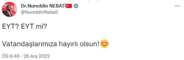 İlk kez duyuyormuş gibi yapmıştı! EYT düzenlemesinin ardından Nebati'den dikkat çeken paylaşım
