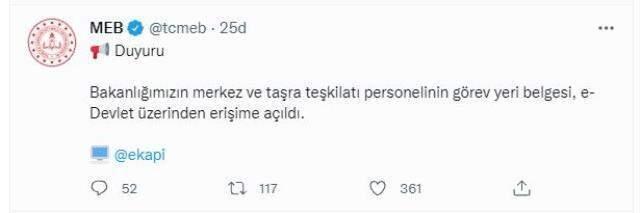 Bakanlığa bağlı merkez ve taşra teşkilatı personelinin görev yeri belgesi e-Devlet'te erişime açıldı