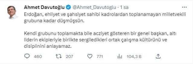 Ahmet Davutoğlu Cumhurbaşkanı Erdoğan'a sert tepki: Kendi grubunu toplamakta bile acziyet duyan genel başkan Altılı Masa'yı anlayamaz