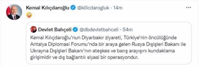 Kılıçdaroğlu'ndan 'Diyarbakır ziyareti Antalya'daki görüşmeyi kundaklama amaçlıdır' diyen Bahçeli'ye emojili yanıt