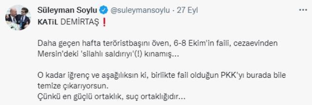 Demirtaş'ın avukatları Bakan Soylu'nun Mersin'deki saldırı sonrası sarf ettiği sözler hakkında suç duyurusunda bulunacak