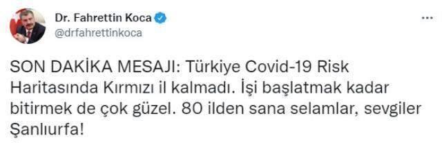 Bakan Koca 'Son dakika' diyerek paylaştı: Kovid-19 Risk Haritasında Kırmızı il kalmadı