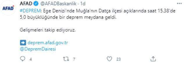 Son Dakika: Muğla'nın Datça ilçesi açıklarında 5 büyüklüğünde deprem