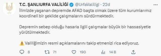 Son Dakika! Şanlıurfa Valisi Ayhan: Depremde 17 vatandaşımız hayatını kaybetti, 30 vatandaşımız yaralı