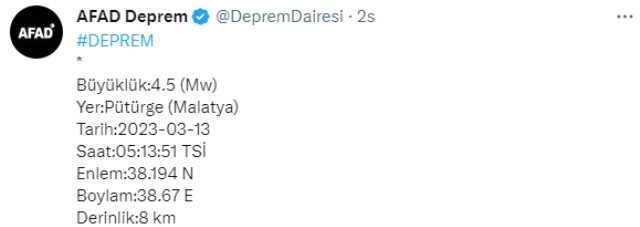 Malatya'da 4.7 ve 4,5 büyüklüğünde deprem